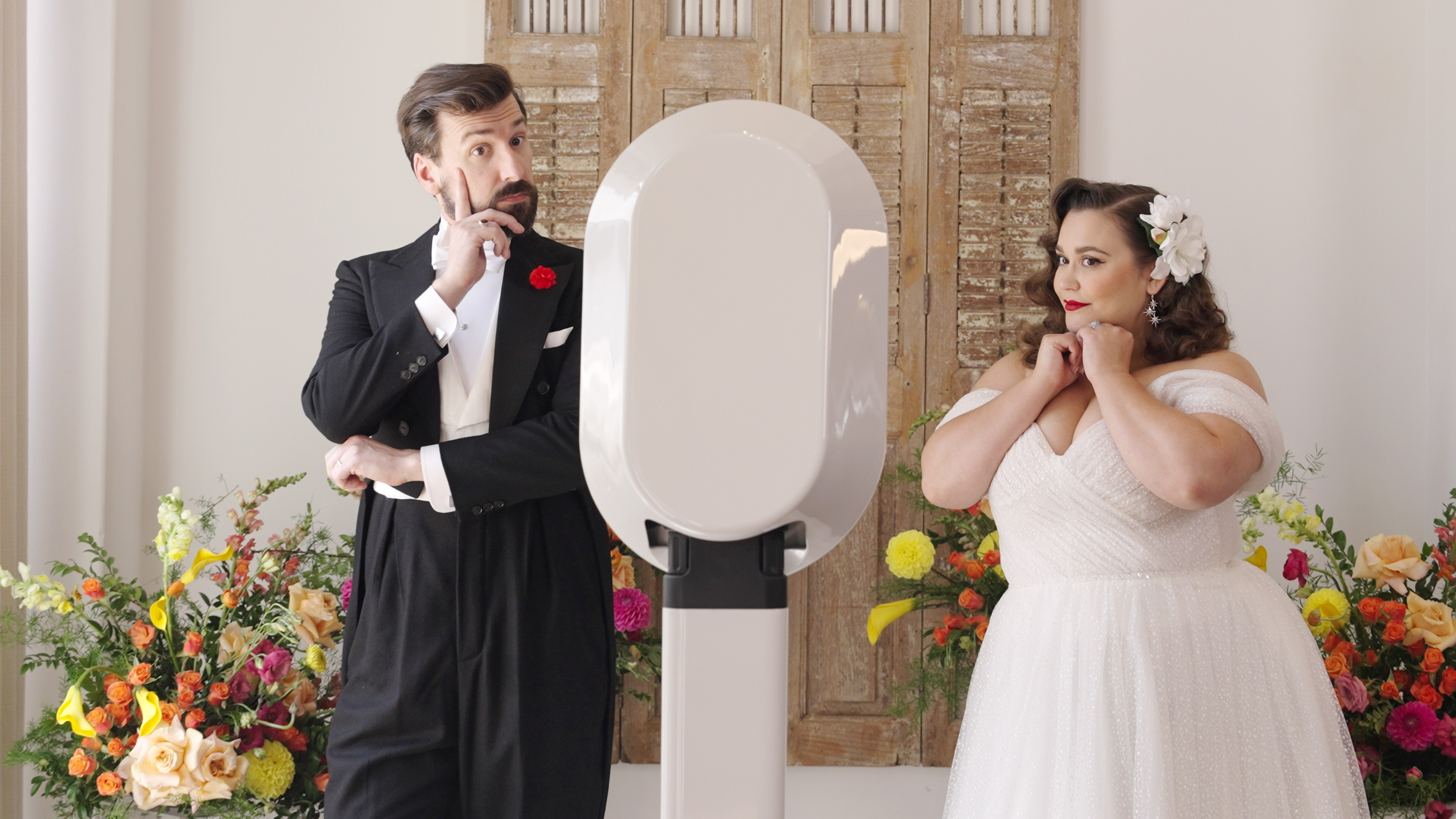 Bride and groom at the editorial studio booth
