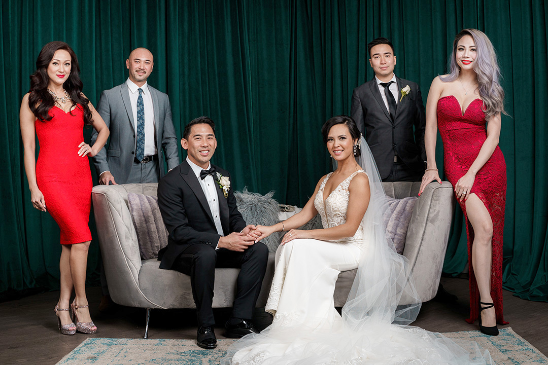 Wedding party in red and grey